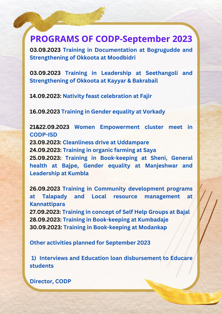 PROGRAMS OF CODP-September 2023 - Canara Organisation for Development ...