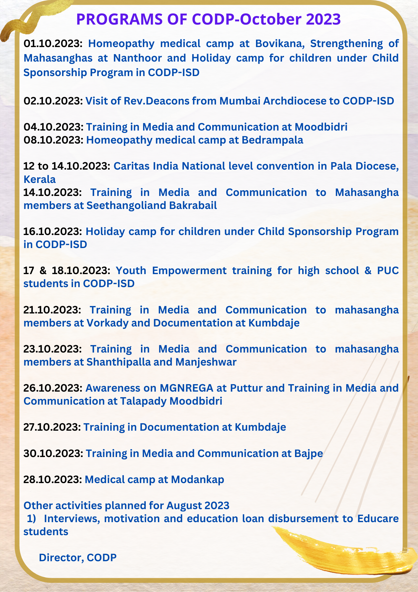 PROGRAMS OF CODP OCTOBER 2023 - Canara Organisation for Development and ...